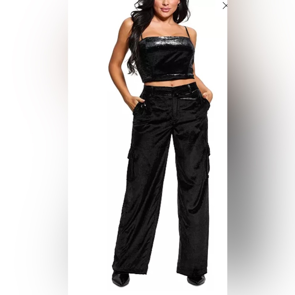 GUESS Women's Jolie High-Rise Velvet Cargo Pants Size L Black Satin Cargo Pants - Picture 4 of 12